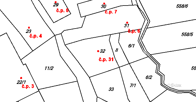 Divišov 31, Bystřice nad Pernštejnem na parcele st. 32 v KÚ Divišov, Katastrální mapa