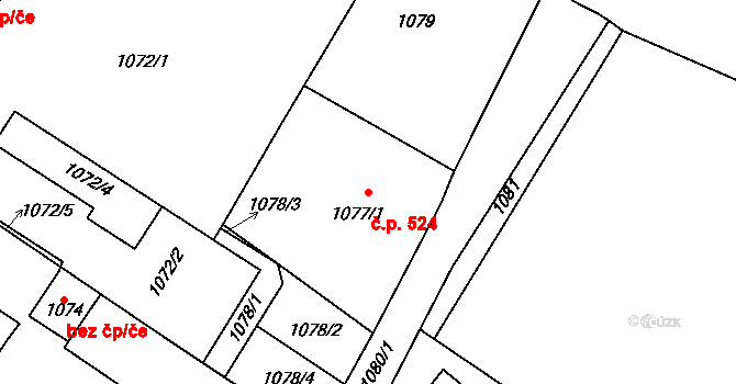 Bystřice nad Pernštejnem 524 na parcele st. 1077/1 v KÚ Bystřice nad Pernštejnem, Katastrální mapa
