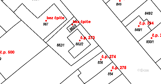 Litomyšlské Předměstí 273, Vysoké Mýto na parcele st. 882/2 v KÚ Vysoké Mýto, Katastrální mapa