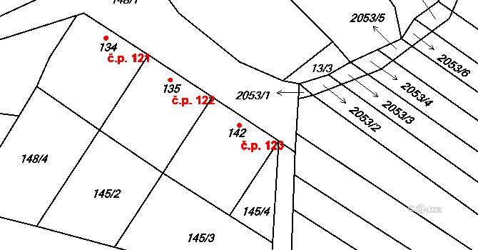 Snovídky 123 na parcele st. 142 v KÚ Snovídky, Katastrální mapa