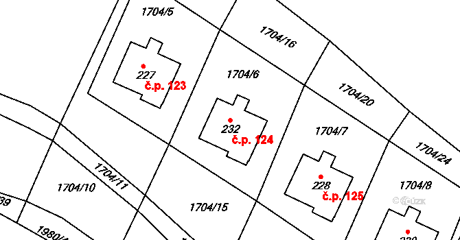 Kladná Žilín 124, Luhačovice na parcele st. 232 v KÚ Kladná Žilín, Katastrální mapa
