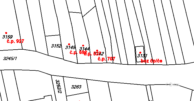 Vlčnov 707 na parcele st. 3142 v KÚ Vlčnov, Katastrální mapa