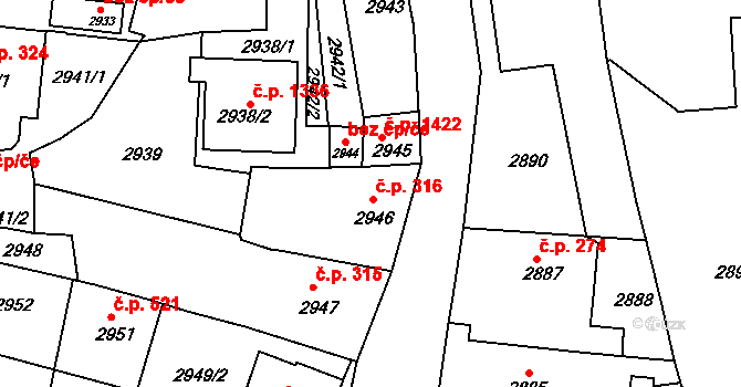 Třešť 316 na parcele st. 2946 v KÚ Třešť, Katastrální mapa
