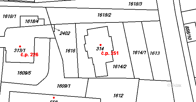Hanušovice 251 na parcele st. 314 v KÚ Hanušovice, Katastrální mapa