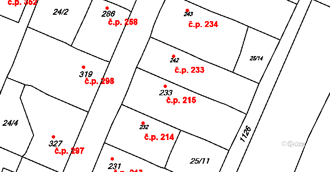 Byšice 215 na parcele st. 233 v KÚ Byšice, Katastrální mapa