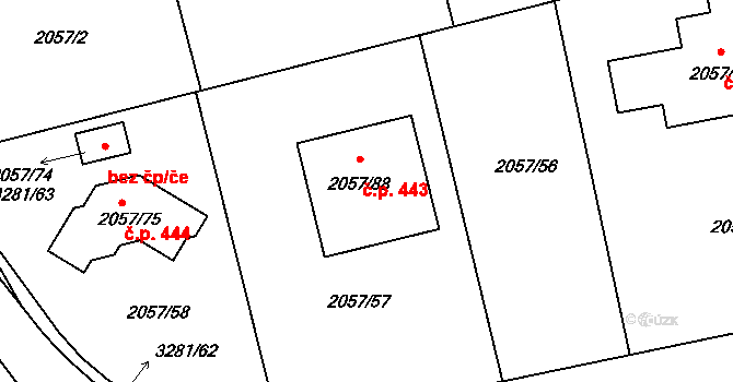 Strkov 443, Planá nad Lužnicí na parcele st. 2057/88 v KÚ Planá nad Lužnicí, Katastrální mapa