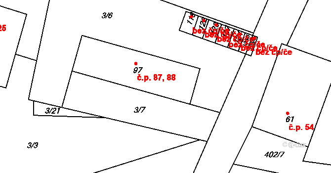 Jezbořice 87,88 na parcele st. 97 v KÚ Jezbořice, Katastrální mapa