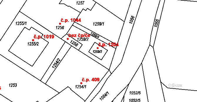 Řevnice 1204 na parcele st. 1259/3 v KÚ Řevnice, Katastrální mapa