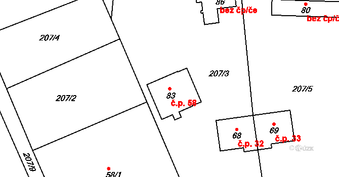 Smilov 58, Štoky na parcele st. 83 v KÚ Smilov u Štoků, Katastrální mapa