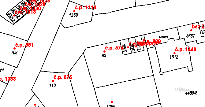 Žatec 574 na parcele st. 93/1 v KÚ Žatec, Katastrální mapa