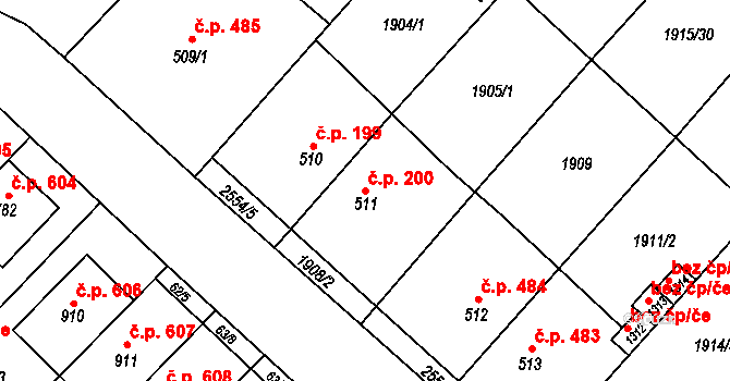 Vranovice 200 na parcele st. 511 v KÚ Vranovice nad Svratkou, Katastrální mapa