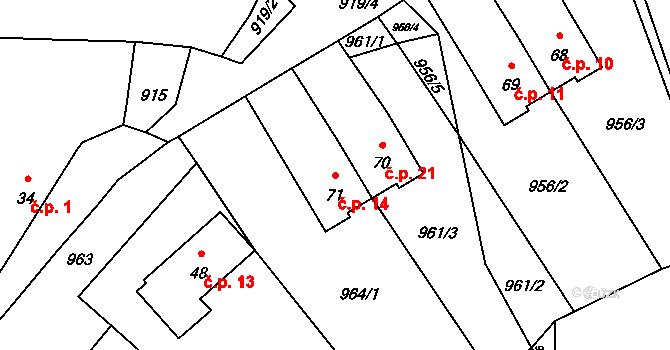 Hrádek 14, Trhové Sviny na parcele st. 71 v KÚ Pěčín u Trhových Svinů, Katastrální mapa