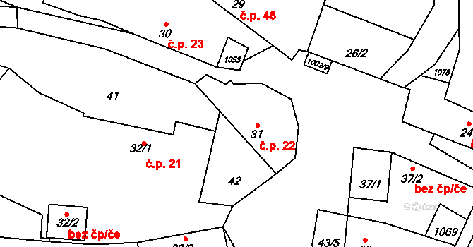 Jestřebí 22, Brtnice na parcele st. 31 v KÚ Jestřebí u Brtnice, Katastrální mapa