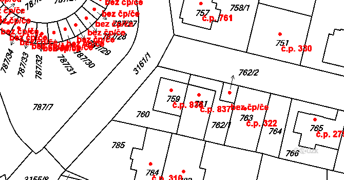 Čelákovice 838 na parcele st. 759 v KÚ Čelákovice, Katastrální mapa