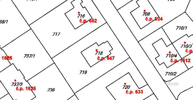 Roztoky 647 na parcele st. 718 v KÚ Roztoky u Prahy, Katastrální mapa