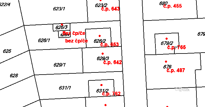 Chropyně 642 na parcele st. 629/3 v KÚ Chropyně, Katastrální mapa