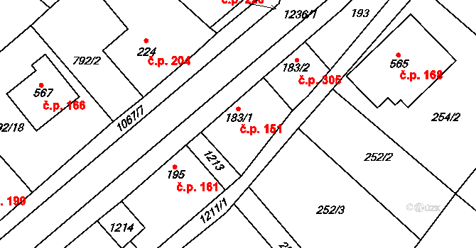 Cerhenice 151 na parcele st. 183/1 v KÚ Cerhenice, Katastrální mapa