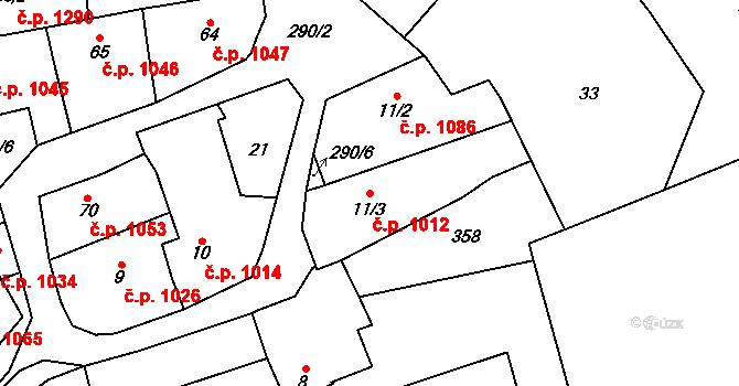 Švermov 1012, Kladno na parcele st. 11/3 v KÚ Hnidousy, Katastrální mapa