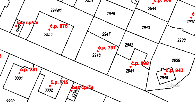 Děčín VI-Letná 797, Děčín na parcele st. 2948 v KÚ Podmokly, Katastrální mapa