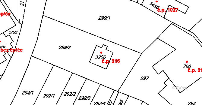 Horní Předměstí 216, Polička na parcele st. 3206 v KÚ Polička, Katastrální mapa