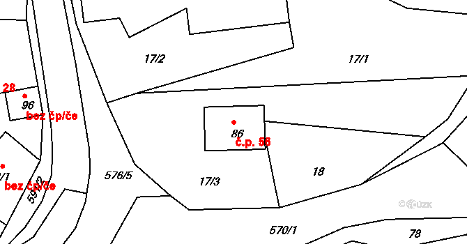 Lhota 56, Valašské Meziříčí na parcele st. 86 v KÚ Lhota u Choryně, Katastrální mapa
