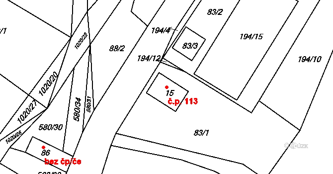 Kameničná 113 na parcele st. 15 v KÚ Kameničná, Katastrální mapa
