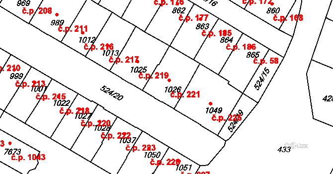 Stařečka 221, Třebíč na parcele st. 1026 v KÚ Třebíč, Katastrální mapa