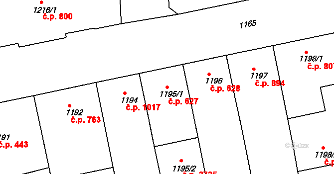 Žižkov 627, Praha na parcele st. 1195/1 v KÚ Žižkov, Katastrální mapa
