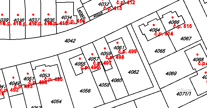 Záběhlice 498, Praha na parcele st. 4059 v KÚ Záběhlice, Katastrální mapa