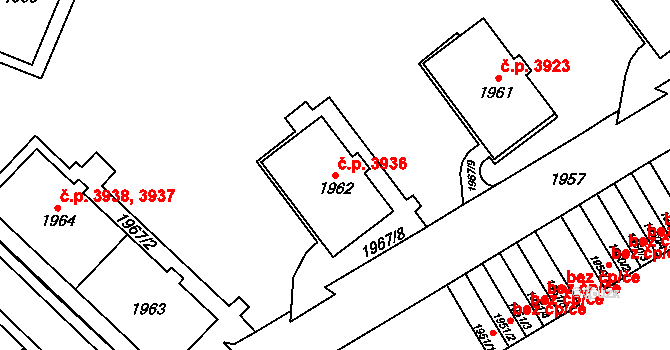 Chomutov 3936 na parcele st. 1962 v KÚ Chomutov I, Katastrální mapa