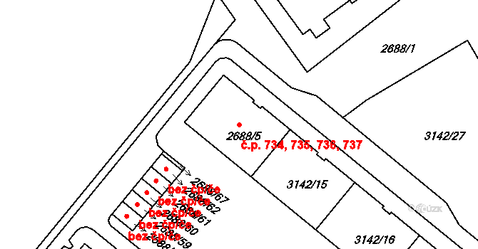 Lobzy 734,735,736,737, Plzeň na parcele st. 2688/5 v KÚ Plzeň, Katastrální mapa