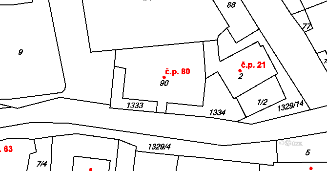 Heraltice 80 na parcele st. 90 v KÚ Heraltice, Katastrální mapa