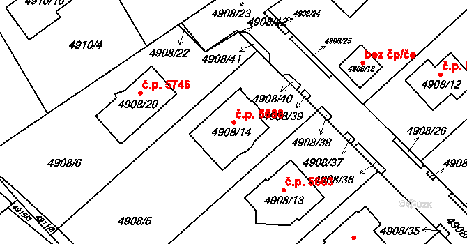 Chomutov 5688 na parcele st. 4908/14 v KÚ Chomutov I, Katastrální mapa