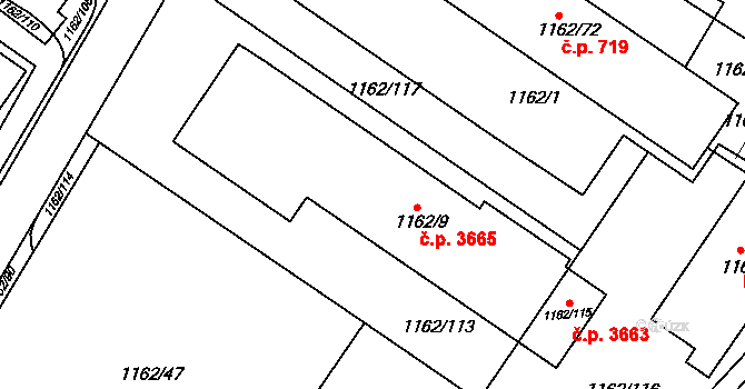 Znojmo 3665 na parcele st. 1162/9 v KÚ Znojmo-město, Katastrální mapa