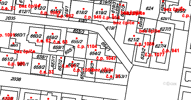 Kbely 1047, Praha na parcele st. 654/2 v KÚ Kbely, Katastrální mapa