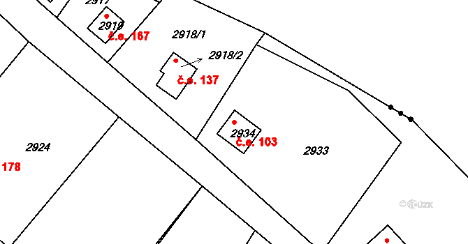 Lhota Samoty 103, Planá nad Lužnicí na parcele st. 2934 v KÚ Planá nad Lužnicí, Katastrální mapa