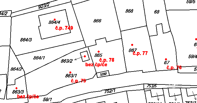 Bystřice nad Pernštejnem 78 na parcele st. 865 v KÚ Bystřice nad Pernštejnem, Katastrální mapa