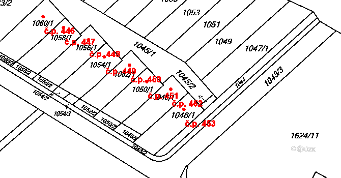 Měřín 452 na parcele st. 1048/1 v KÚ Měřín, Katastrální mapa