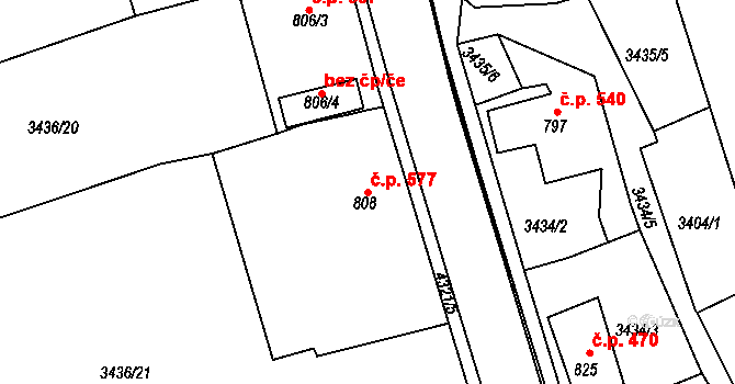 Valašské Klobouky 577 na parcele st. 808 v KÚ Valašské Klobouky, Katastrální mapa