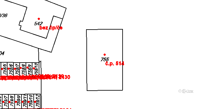 Prštné 514, Zlín na parcele st. 755 v KÚ Prštné, Katastrální mapa