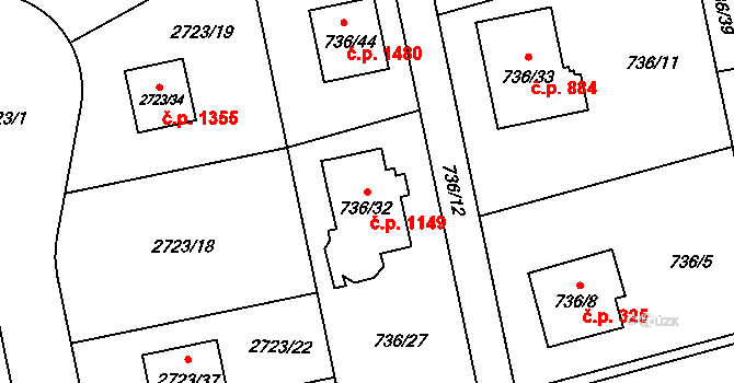 Kylešovice 1149, Opava na parcele st. 736/32 v KÚ Kylešovice, Katastrální mapa