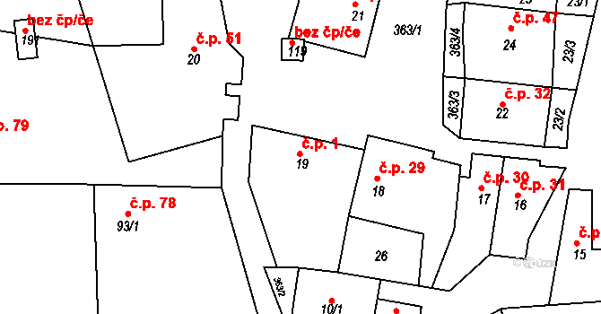 Hroubovice 1 na parcele st. 19 v KÚ Hroubovice, Katastrální mapa
