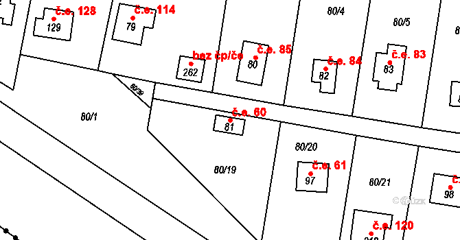 Kostelec nad Labem 60 na parcele st. 81 v KÚ Rudeč, Katastrální mapa
