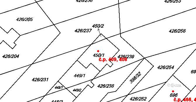 Kaznějov 408,409 na parcele st. 450/1 v KÚ Kaznějov, Katastrální mapa