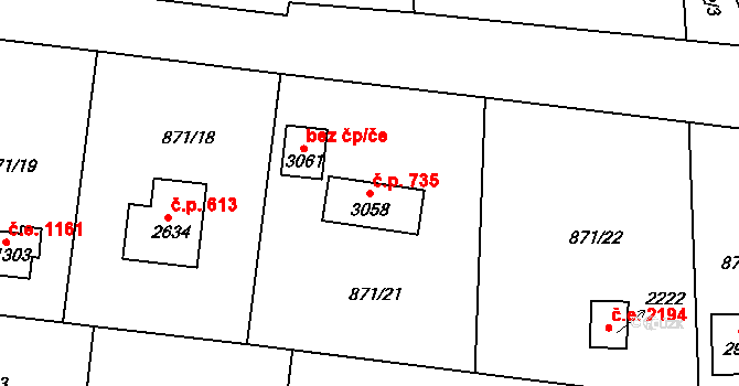 Litice 735, Plzeň na parcele st. 3058 v KÚ Valcha, Katastrální mapa