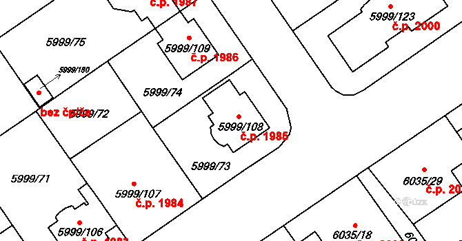 Velké Meziříčí 1985 na parcele st. 5999/108 v KÚ Velké Meziříčí, Katastrální mapa