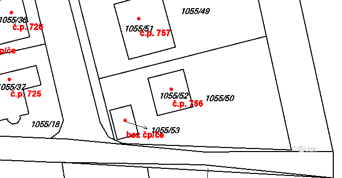 Březnice 756 na parcele st. 1055/52 v KÚ Březnice, Katastrální mapa