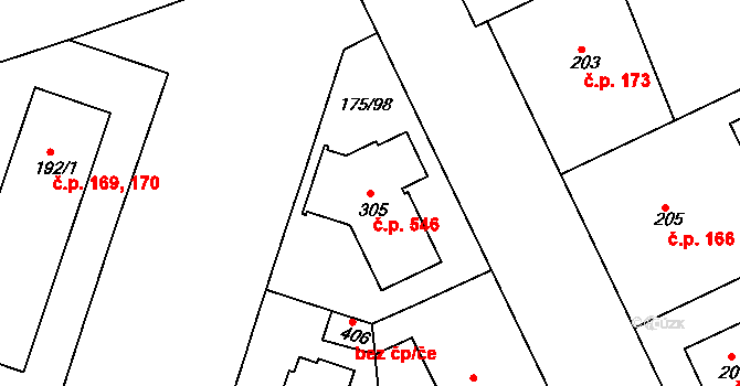 Věkoše 546, Hradec Králové na parcele st. 305 v KÚ Věkoše, Katastrální mapa