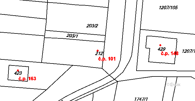 Nový Přerov 101 na parcele st. 212 v KÚ Nový Přerov, Katastrální mapa