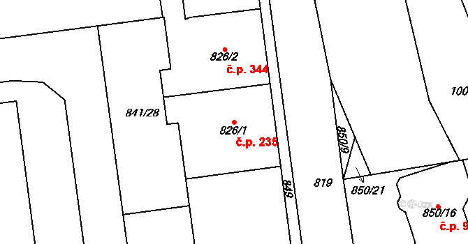 Pohořelice 235 na parcele st. 826/1 v KÚ Pohořelice nad Jihlavou, Katastrální mapa